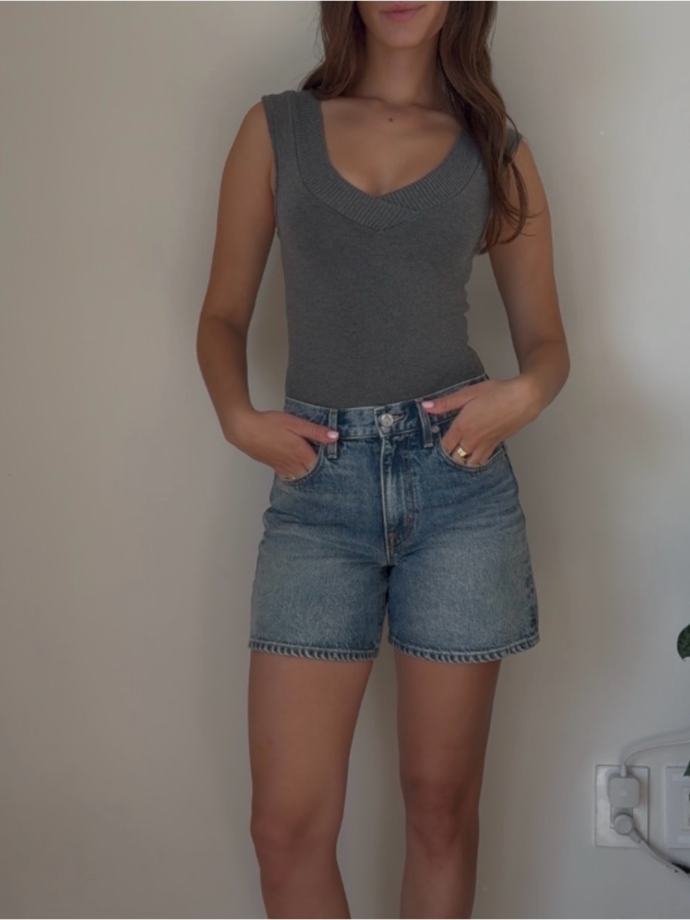 Brandy Melville Gray Ribbed V-Neck Tank